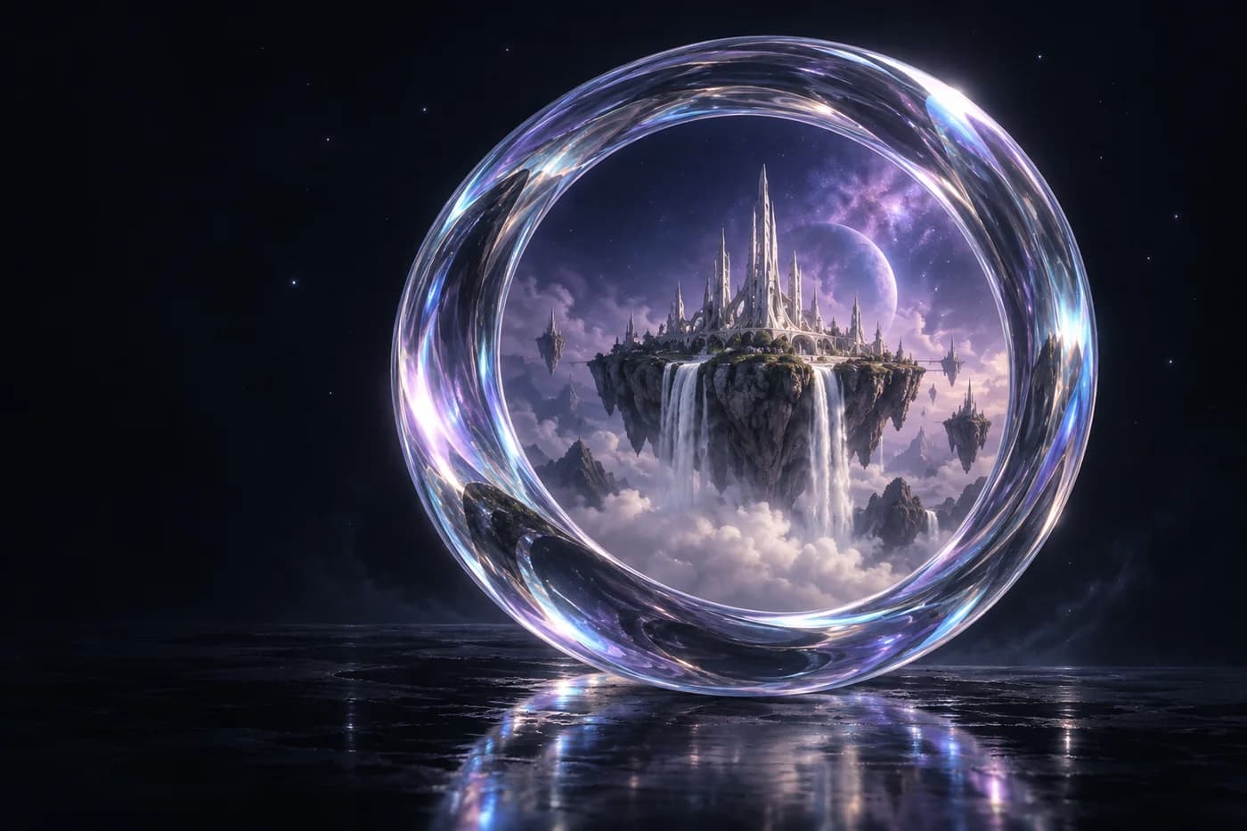 A luminous glass portal above a fantasy city