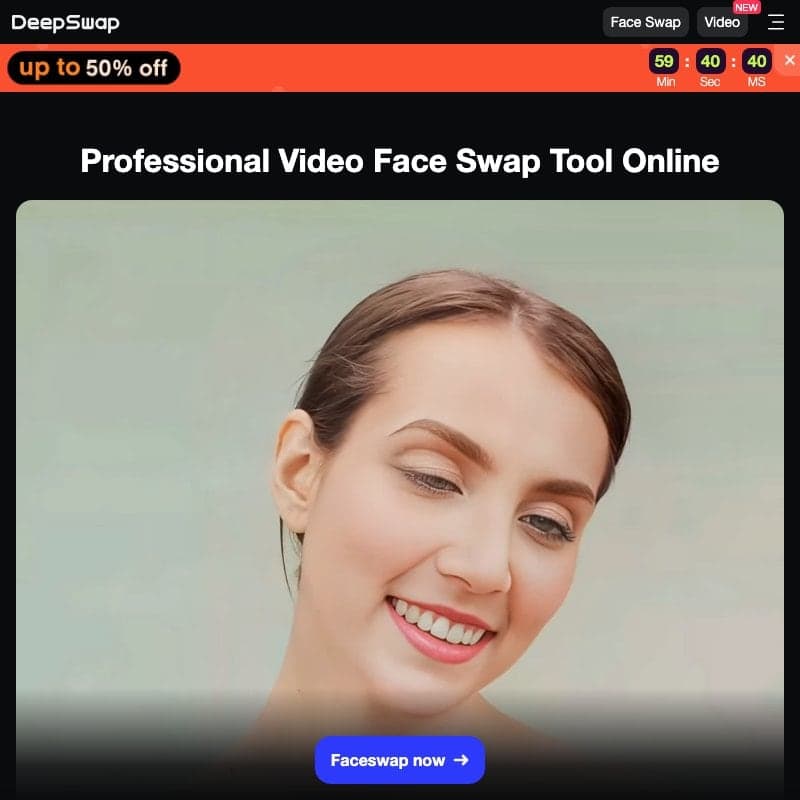 DeepSwap homepage capture showing the DeepSwap wordmark, Face Swap and Video navigation, a red banner offering up to 50 percent off beside a countdown reading 59 minutes and 40 seconds, a headline reading Professional Video Face Swap Tool Online, a portrait of a smiling woman, and a Faceswap now button.