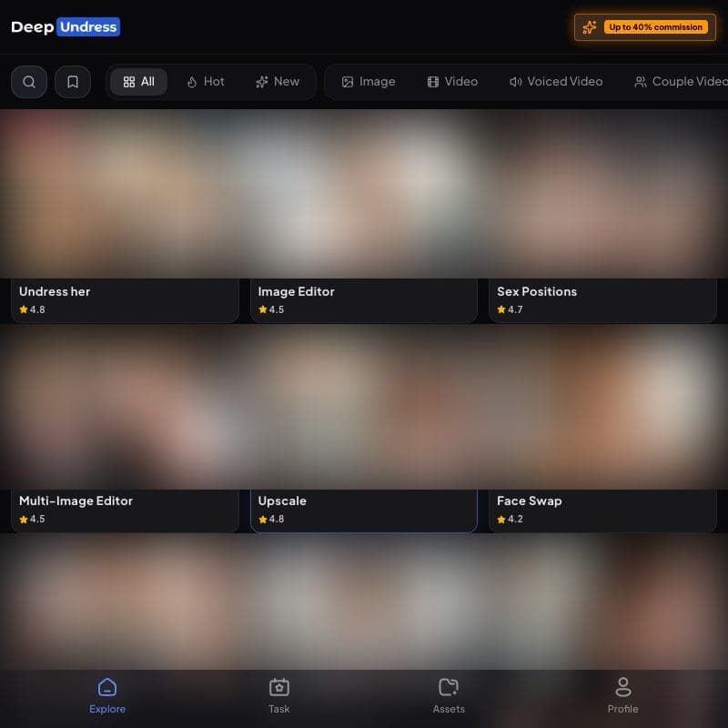 DeepUndress capture showing the Deep Undress wordmark, an up to 40 percent commission banner, filters for All, Hot, New, Image, Video, Voiced Video and Couple Video, tool tiles labelled Undress her, Image Editor, Sex Positions, Multi-Image Editor, Upscale and Face Swap with star ratings, and a bottom bar for Explore, Task, Assets and Profile. The thumbnails are blurred.