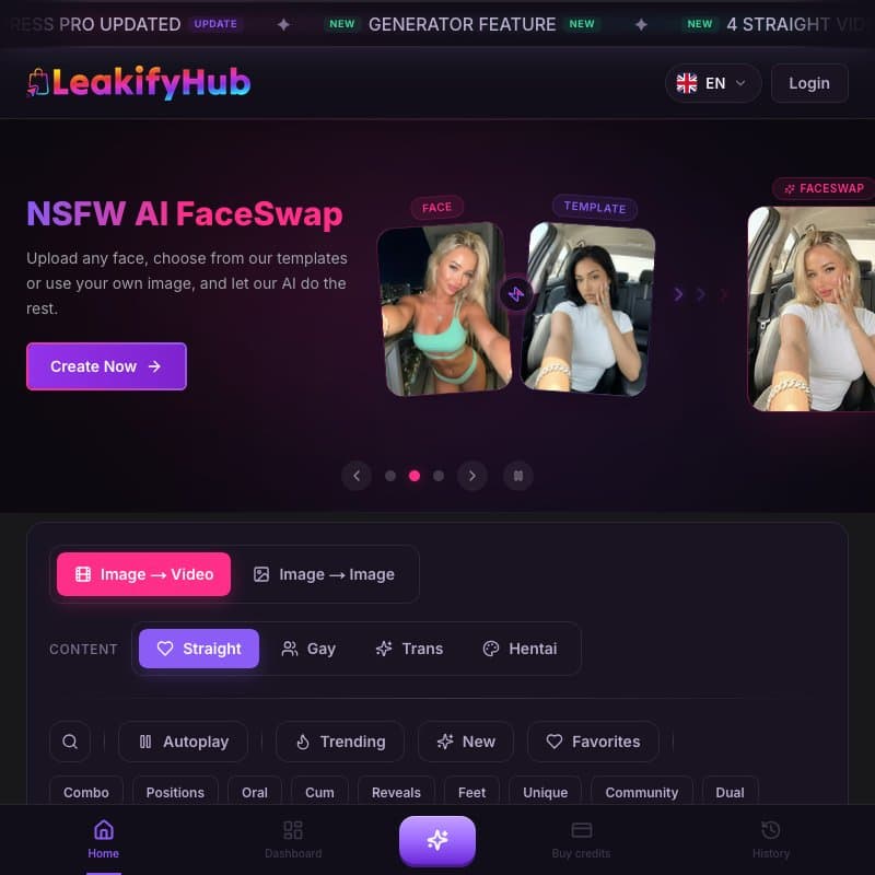 LeakifyHub homepage capture showing its wordmark, a face swap banner with clothed people, Image to Video and Image to Image tabs, Straight, Gay, Trans and Hentai content categories, and a row of template filters.