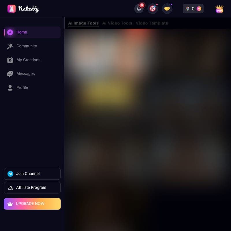 Nakedly AI dashboard capture showing the Nakedly logo, a sidebar with Home, Community, My Creations, Messages and Profile, a credit counter, an Upgrade Now button, and the AI Image Tools, AI Video Tools and Video Template tabs above a blurred thumbnail grid.