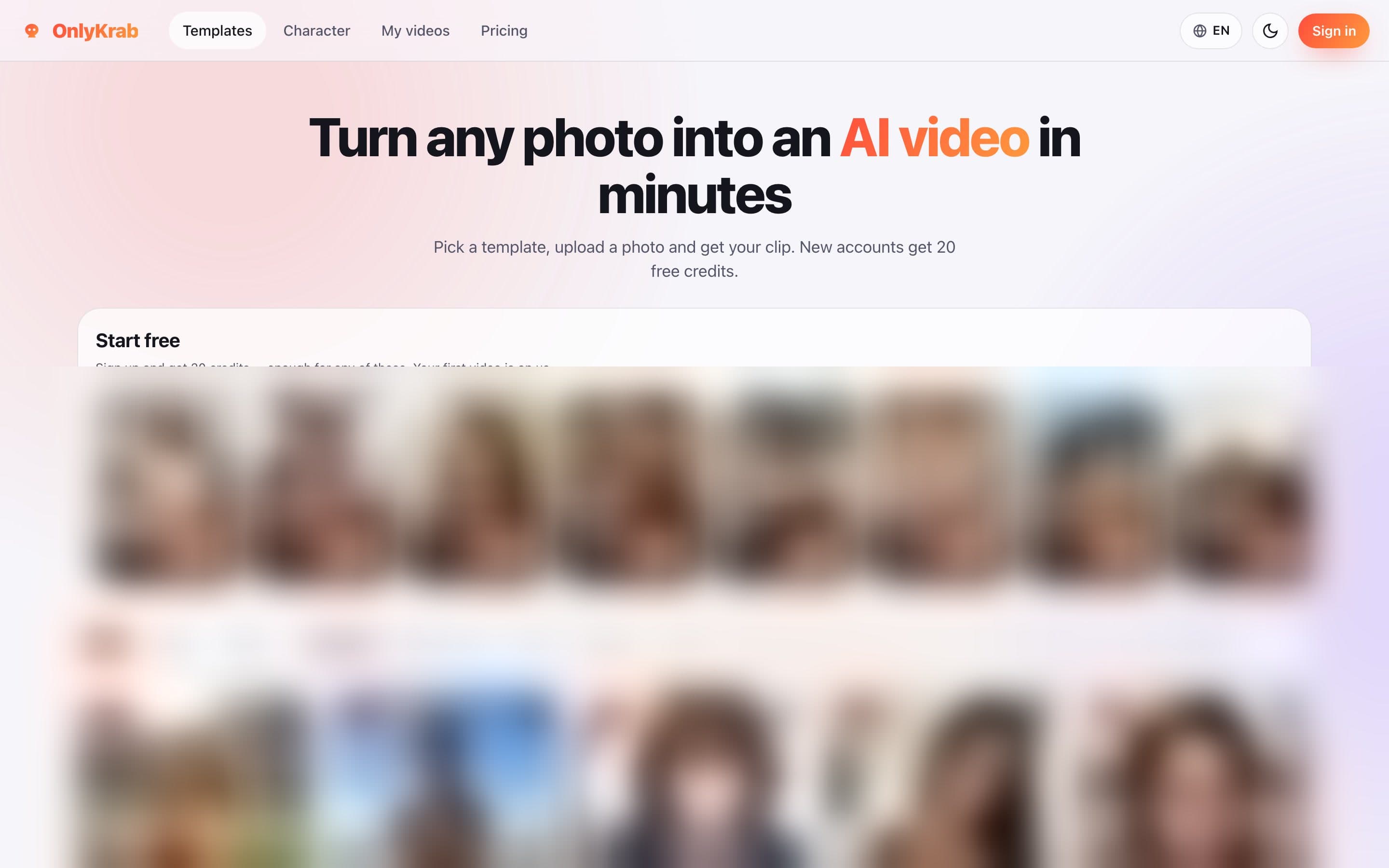 OnlyKrab homepage showing its orange crab logo and wordmark, Templates, Character, My videos and Pricing navigation, the video-from-photo headline and a signup credit offer. Template preview images are blurred.