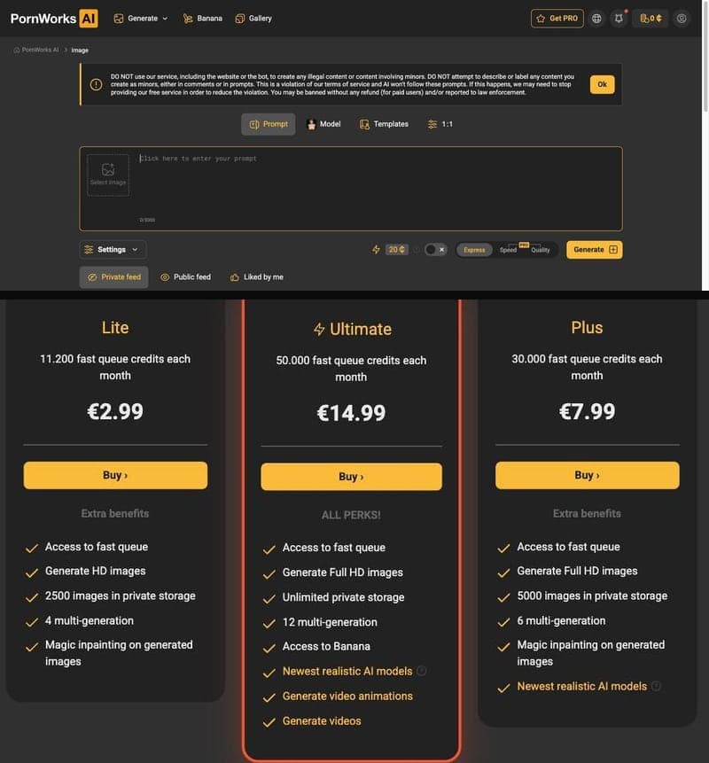 Two captures of the PornWorks site. The image generator shows a prohibited use warning about illegal content and minors, tabs for Prompt, Model and Templates, an empty prompt box with a 3000 character limit, a 20 credit cost chip beside Express, Speed and Quality modes, and a Generate button. The plan page below shows three tiers: Lite at 2.99 euro for 11,200 credits, Ultimate at 14.99 euro for 50,000 credits, and Plus at 7.99 euro for 30,000 credits, with their listed benefits.