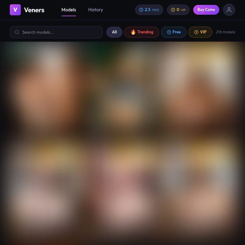 Veners capture showing the Veners mark, Models and History tabs, a coin balance of 2.5 free and 0 VIP, a Buy Coins button, a model search box, filters for All, Trending, Free and VIP, and a count of 218 models above a blurred grid of template cards.